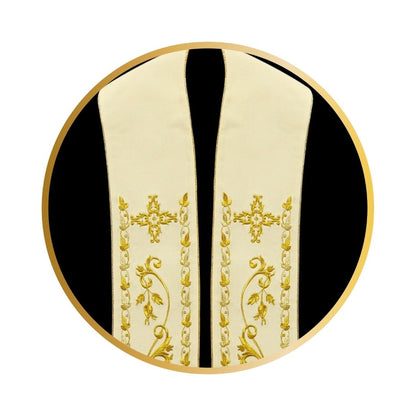 Liturgical stoles for priest or deacons. Embroidered cross with grape vines in gold thread. Made in Poland and sold by The Clergy Store