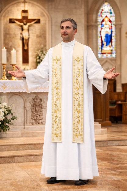 Priest in white robe with gold and ivory stole embroidery in a church setting