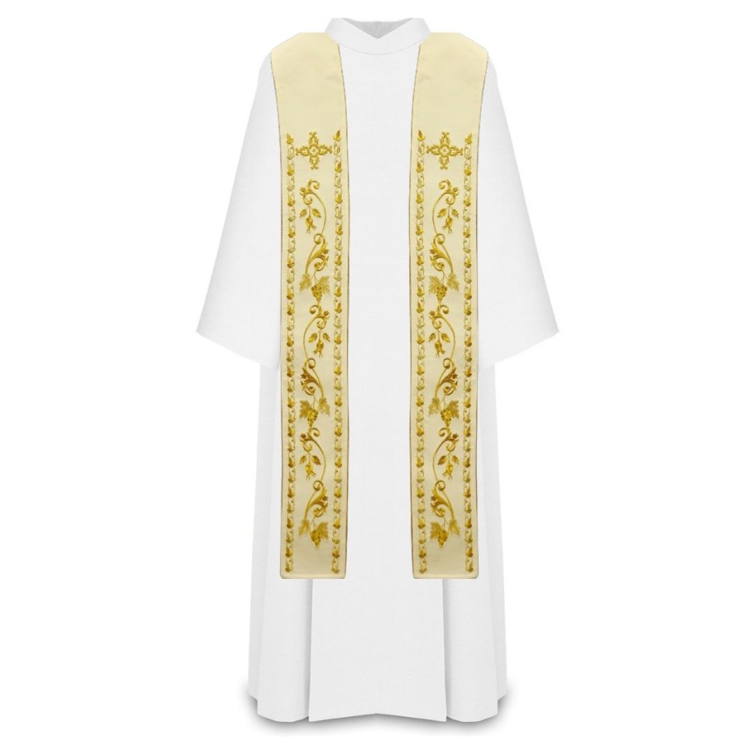Liturgical stoles for priest or deacons. Embroidered cross with grape vines in gold thread. Made in Poland and sold by The Clergy Store