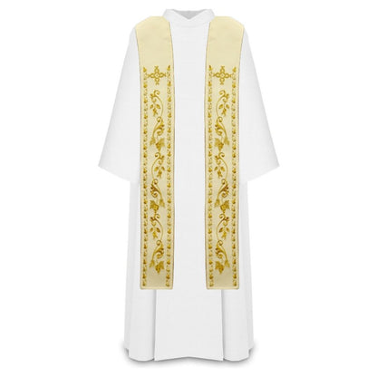 Liturgical stoles for priest or deacons. Embroidered cross with grape vines in gold thread. Made in Poland and sold by The Clergy Store