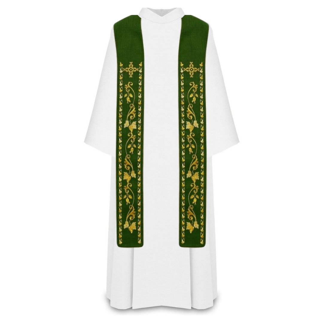 Liturgical stoles for priest or deacons. Embroidered cross with grape vines in gold thread. Made in Poland and sold by The Clergy Store