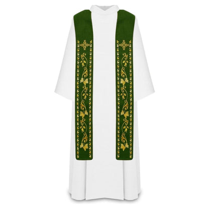 Liturgical stoles for priest or deacons. Embroidered cross with grape vines in gold thread. Made in Poland and sold by The Clergy Store