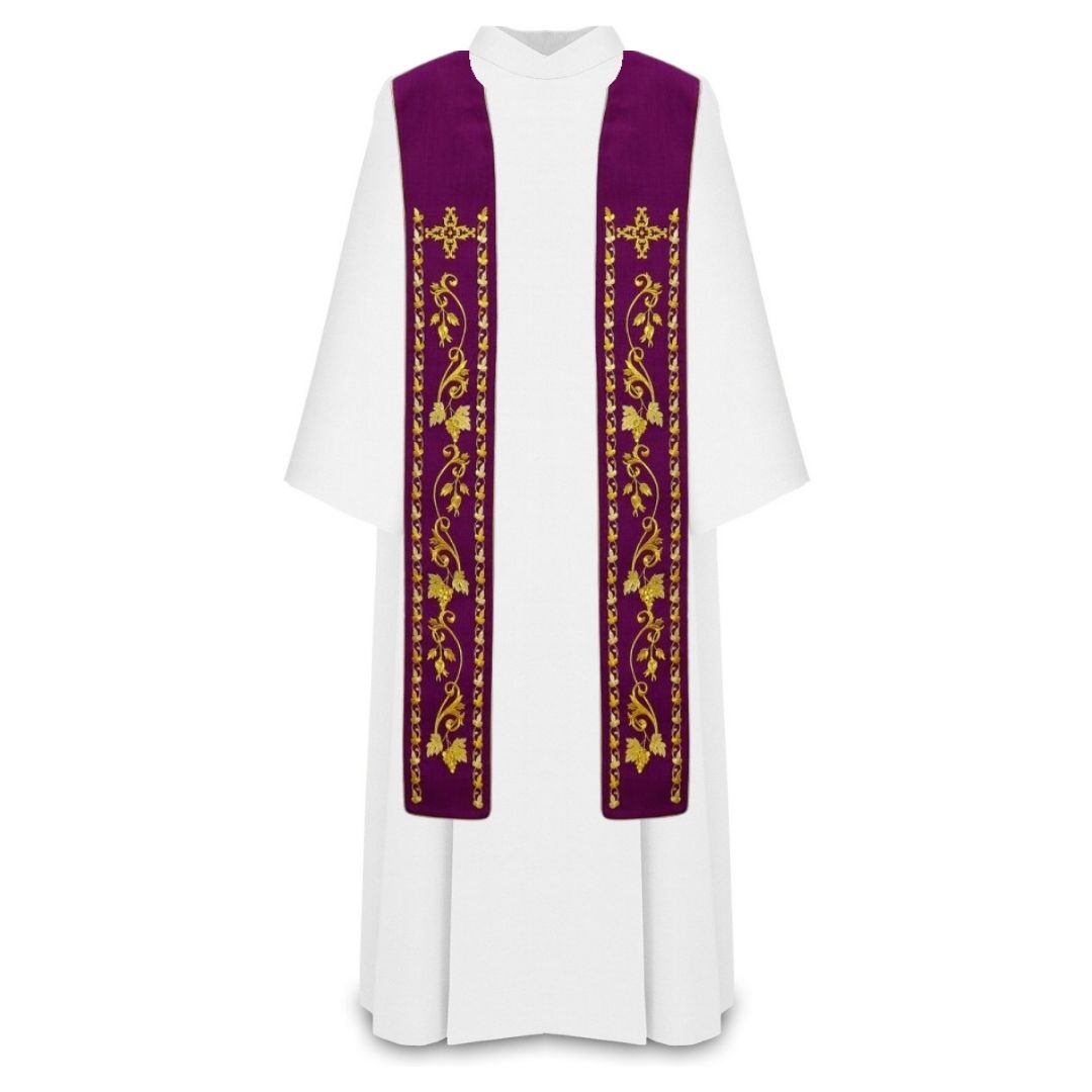 Liturgical stoles for priest or deacons. Embroidered cross with grape vines in gold thread. Made in Poland and sold by The Clergy Store