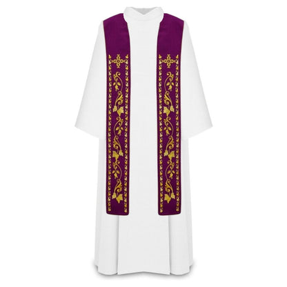Liturgical stoles for priest or deacons. Embroidered cross with grape vines in gold thread. Made in Poland and sold by The Clergy Store