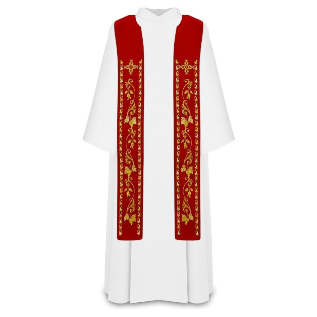 Liturgical stoles for priest or deacons. Embroidered cross with grape vines in gold thread. Made in Poland and sold by The Clergy Store