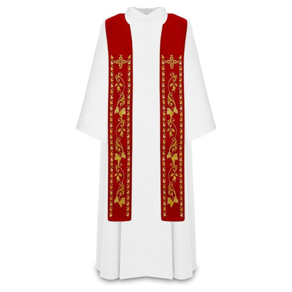 Liturgical stoles for priest or deacons. Embroidered cross with grape vines in gold thread. Made in Poland and sold by The Clergy Store