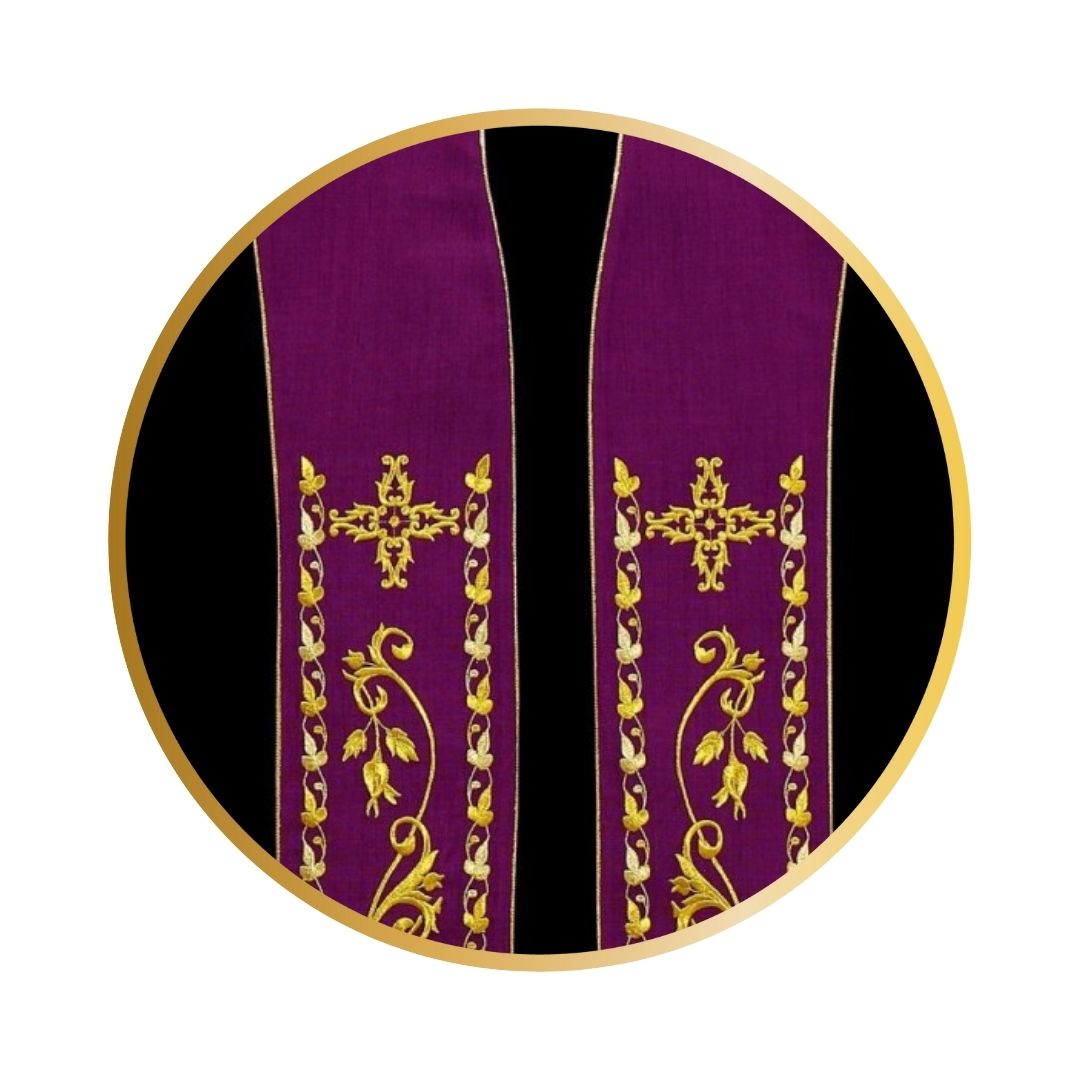 Liturgical stoles for priest or deacons. Embroidered cross with grape vines in gold thread. Made in Poland and sold by The Clergy Store