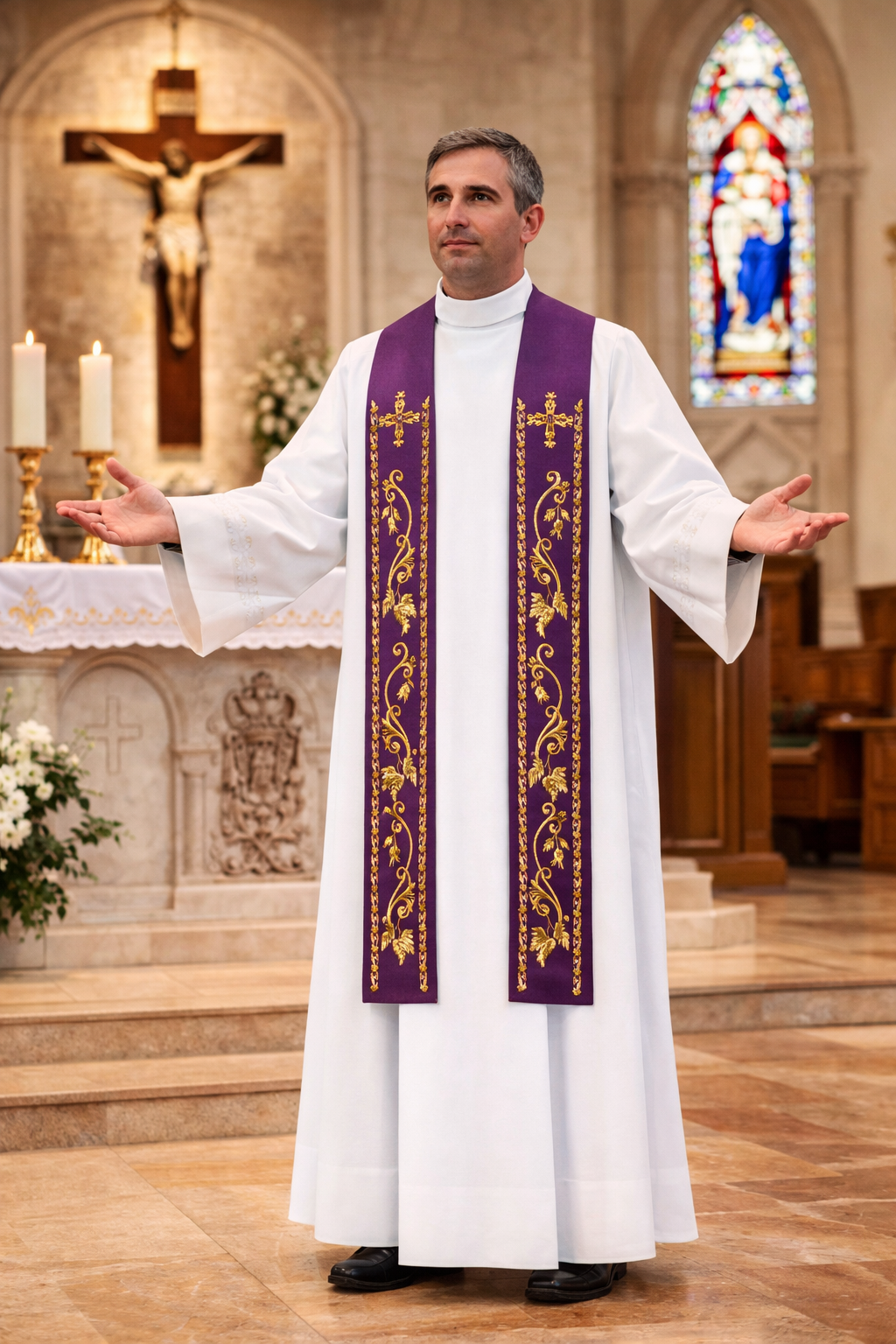 Priest in liturgical vestments with purple stole in a church setting