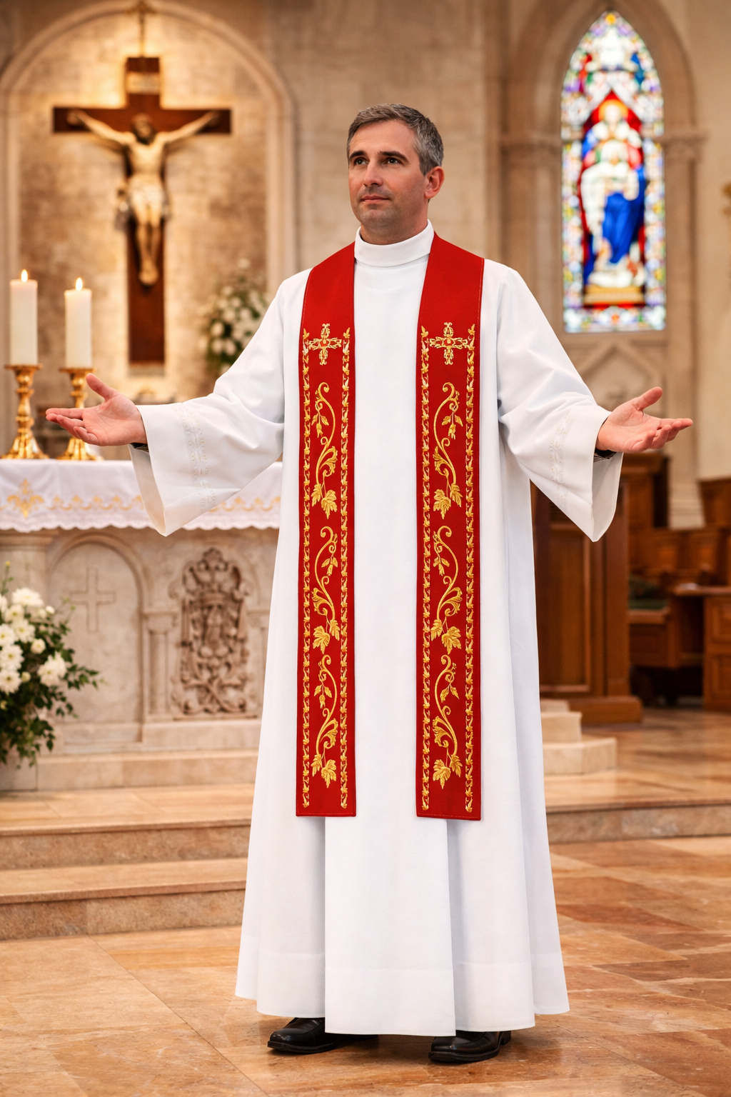 Priest in liturgical  red vestments standing in a church with stained glass window and altar.