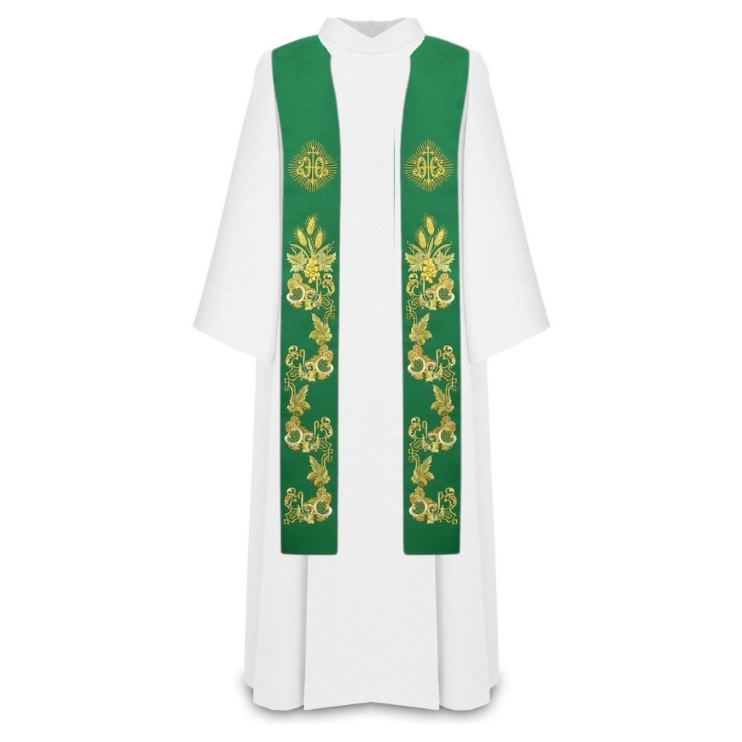Priest stole with IHS embroidered design in green.