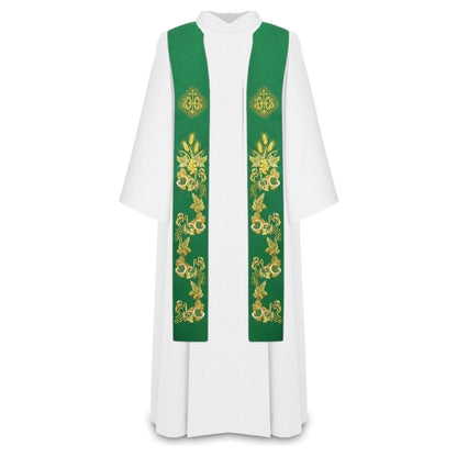 Priest stole with IHS embroidered design in green.