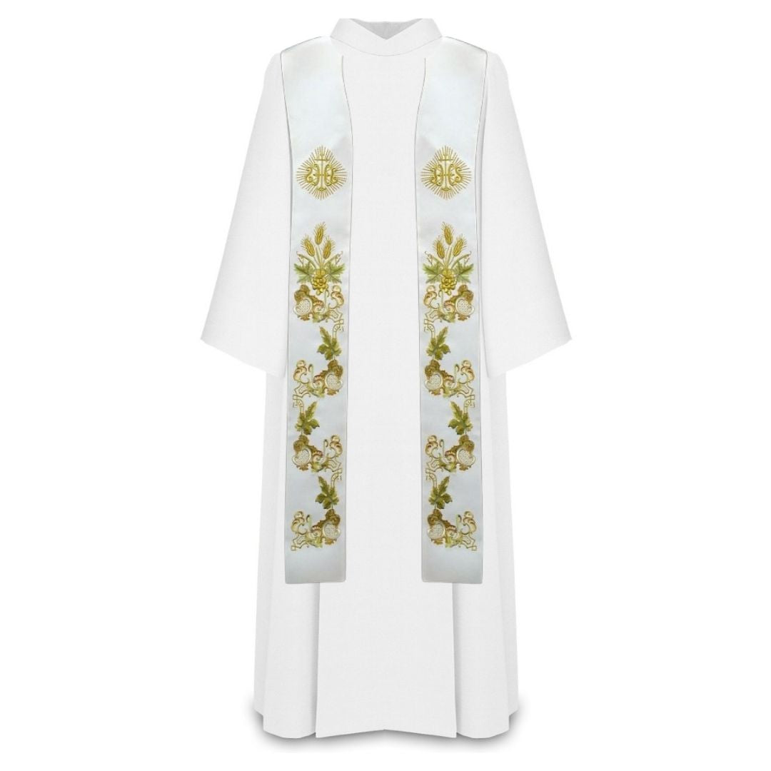 Priest stole with IHS embroidered design in white. 