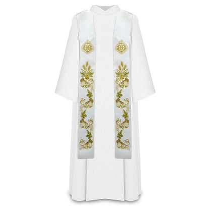 Priest stole with IHS embroidered design in white. 
