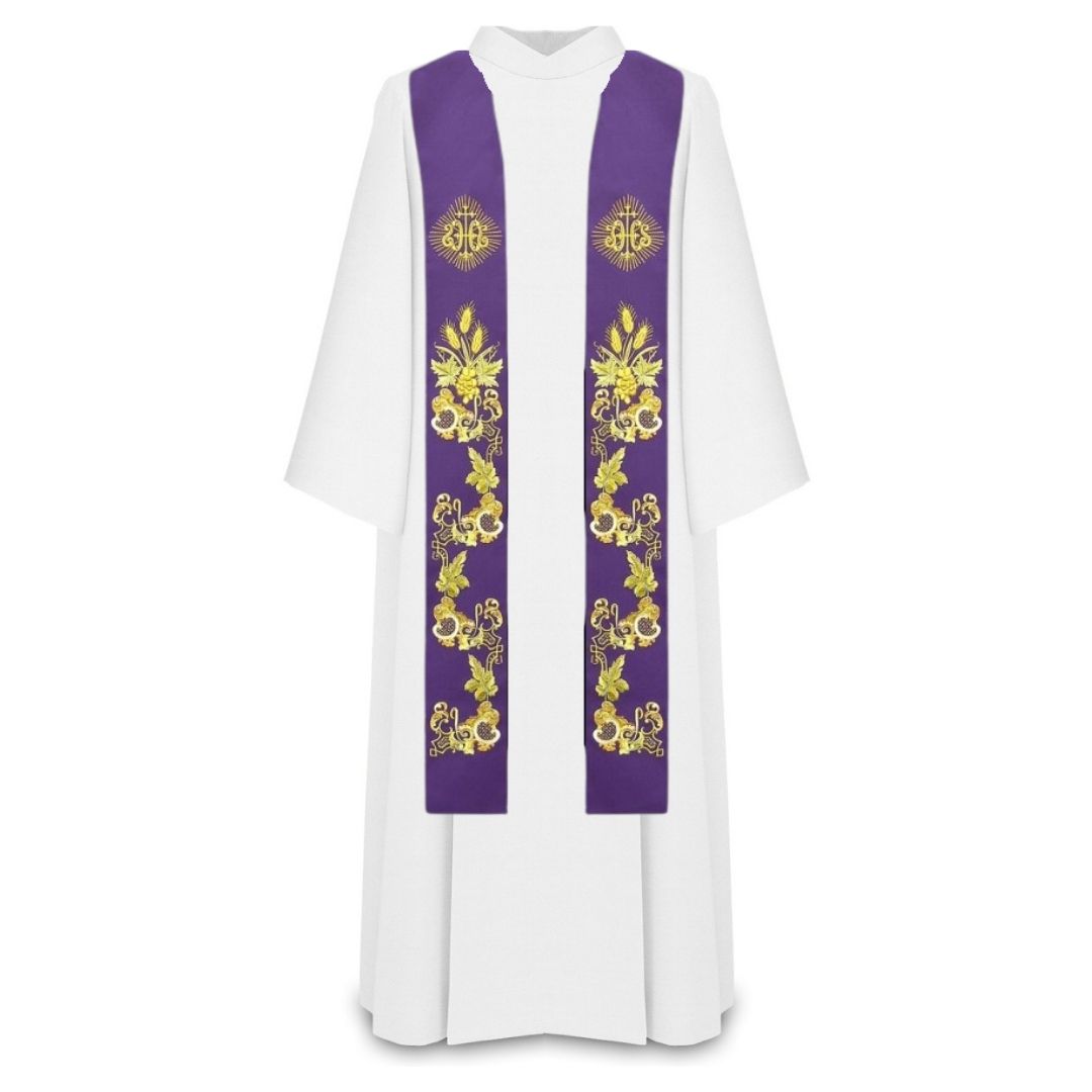 Priest stole with IHS embroidered design in purple.