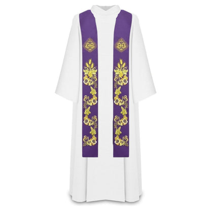 Priest stole with IHS embroidered design in purple.