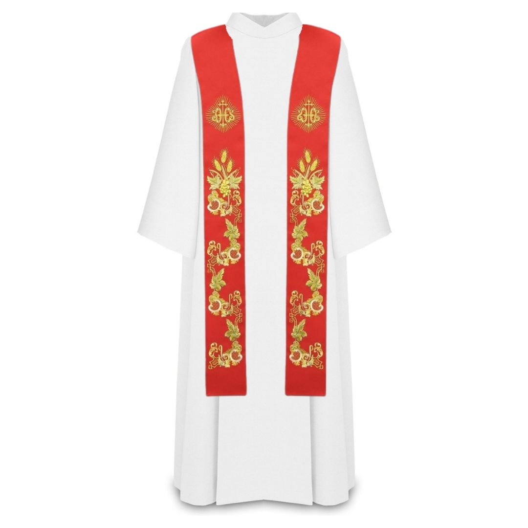 Priest stole with IHS embroidered design in red.