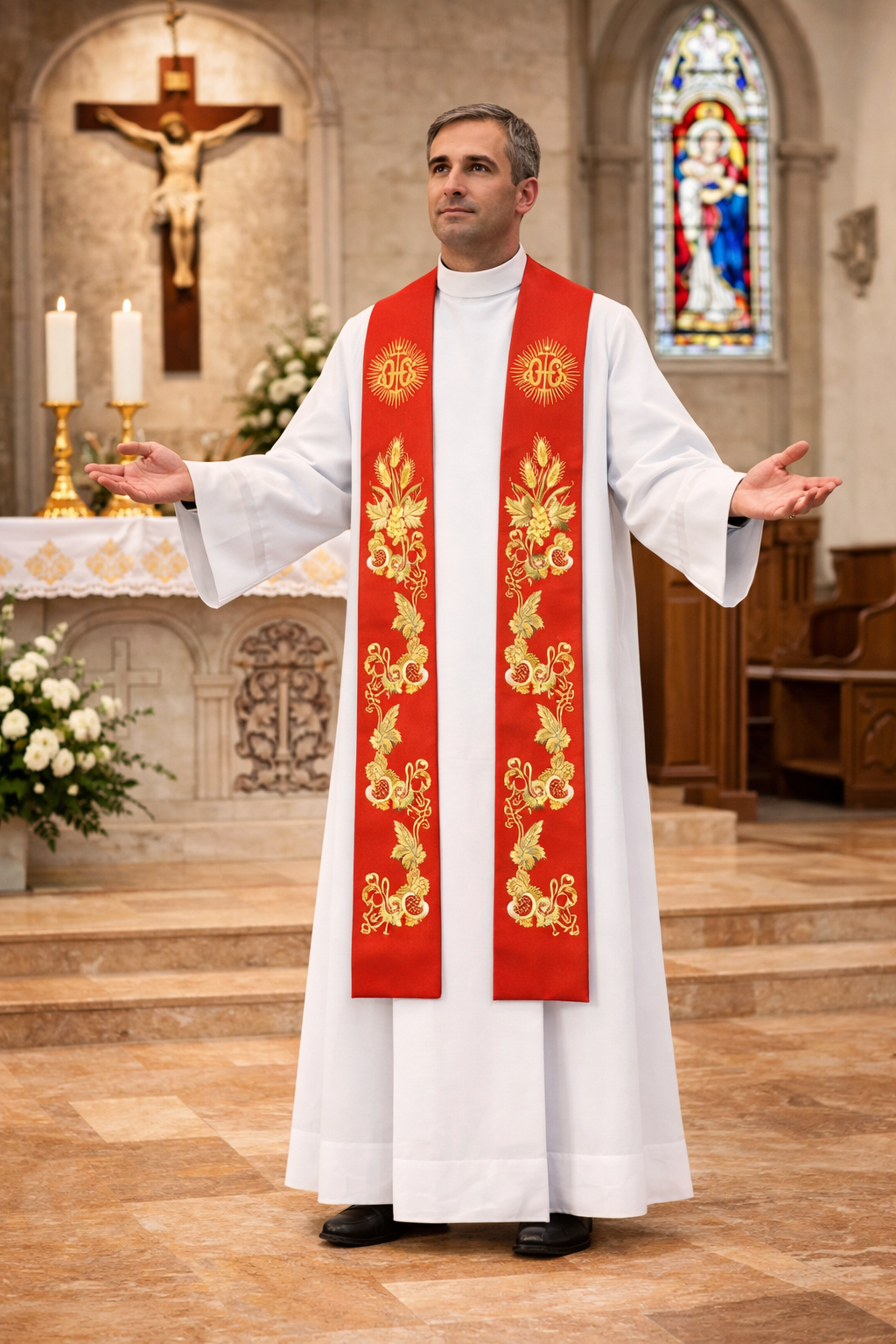 Priest in a white robe with red stole in a church setting