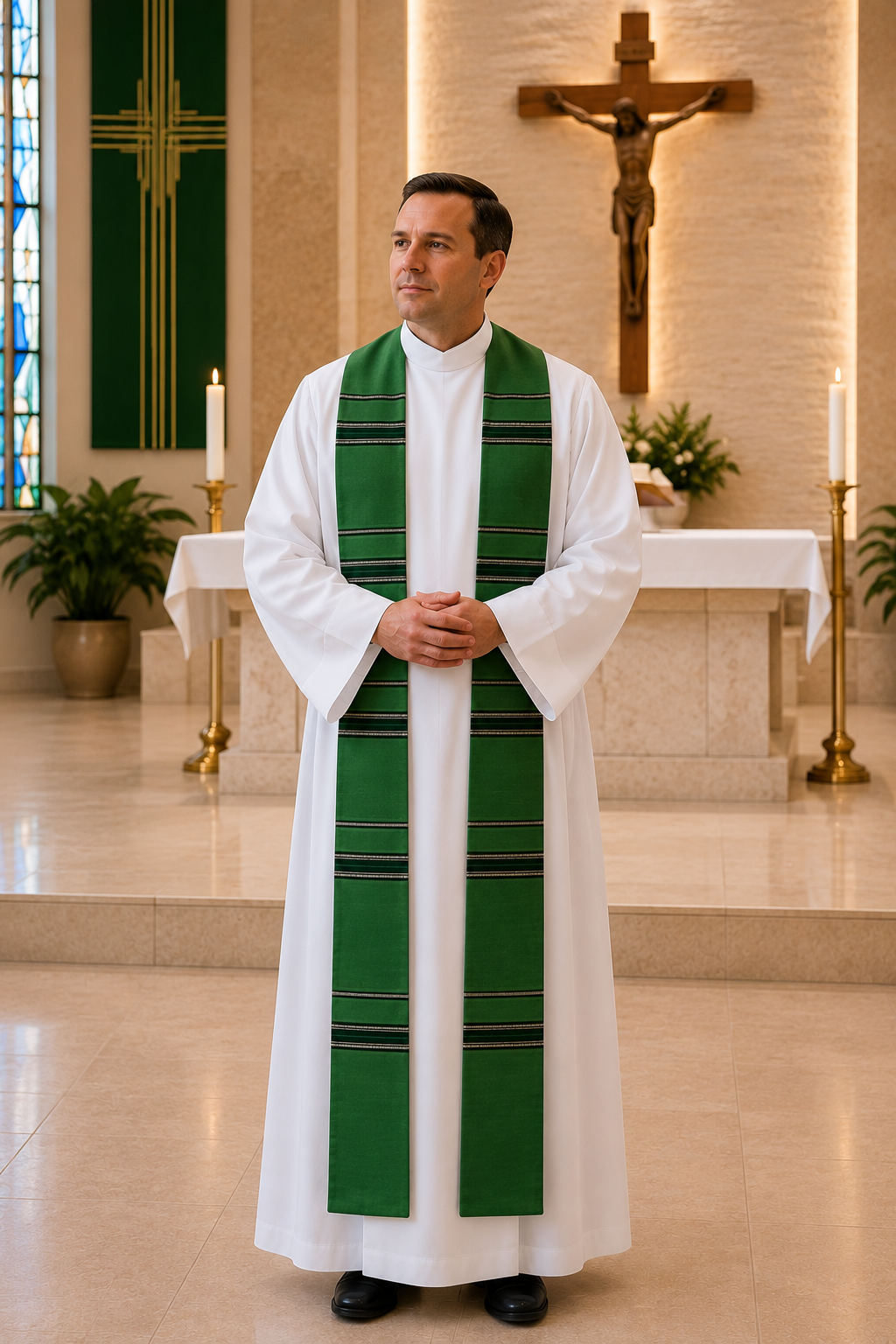 A man wearing a white liturgical robe with a green and black striped almonsy or cowl draped over his shoulders, standing in a brightly lit church interior with an altar, candles, and a crucifix in the background.