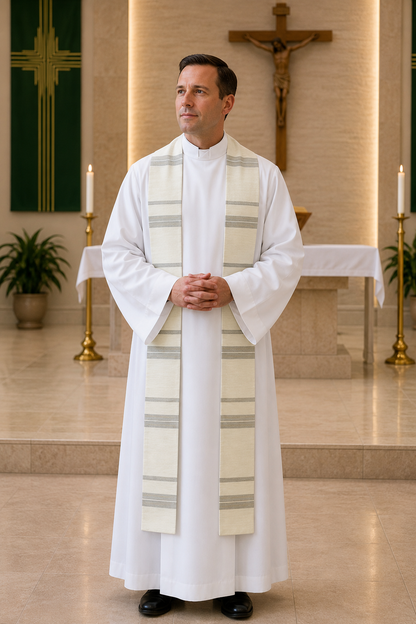 A man wearing a white priest's habit with cream and gray striped sash stands in a church setting with candles, a crucifix, and a potted plant in the background.