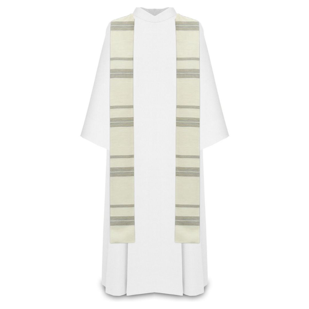 Liturgical stole 100% woven with grey lines in ivory .