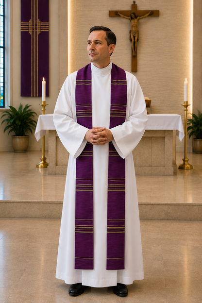 A man wearing a white liturgical robe and a purple stole with gold stripes stands in a church altar area.