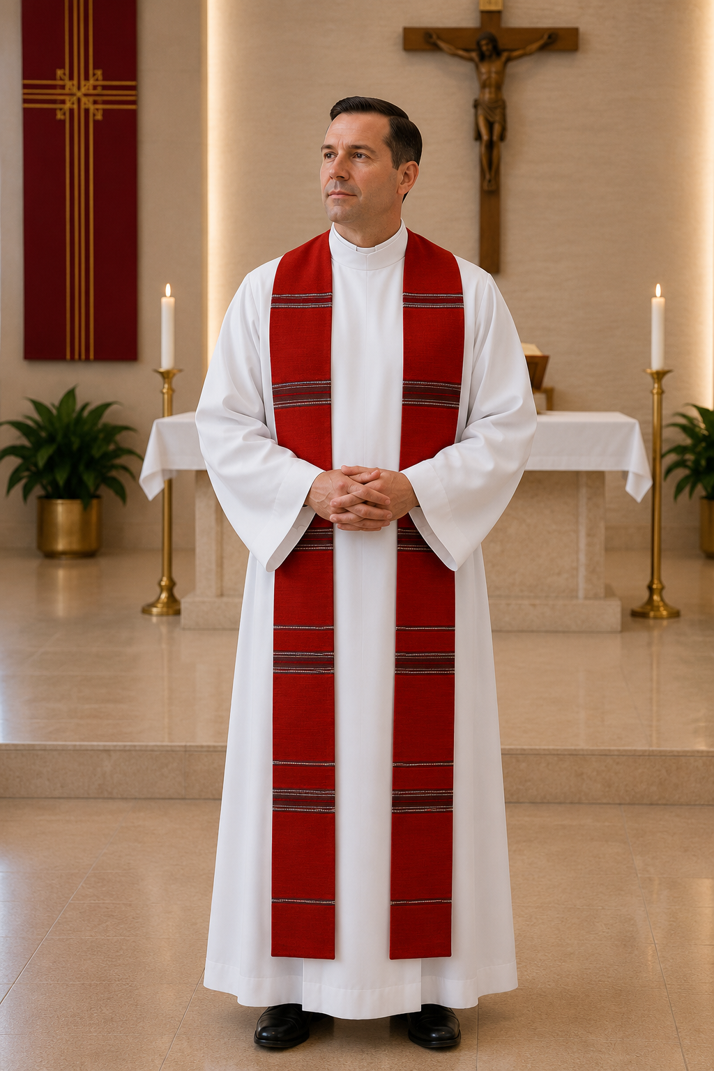 A man wearing a white liturgical robe with a red and black striped allover stole stands in a church setting with an altar, candles, and a crucifix in the background.