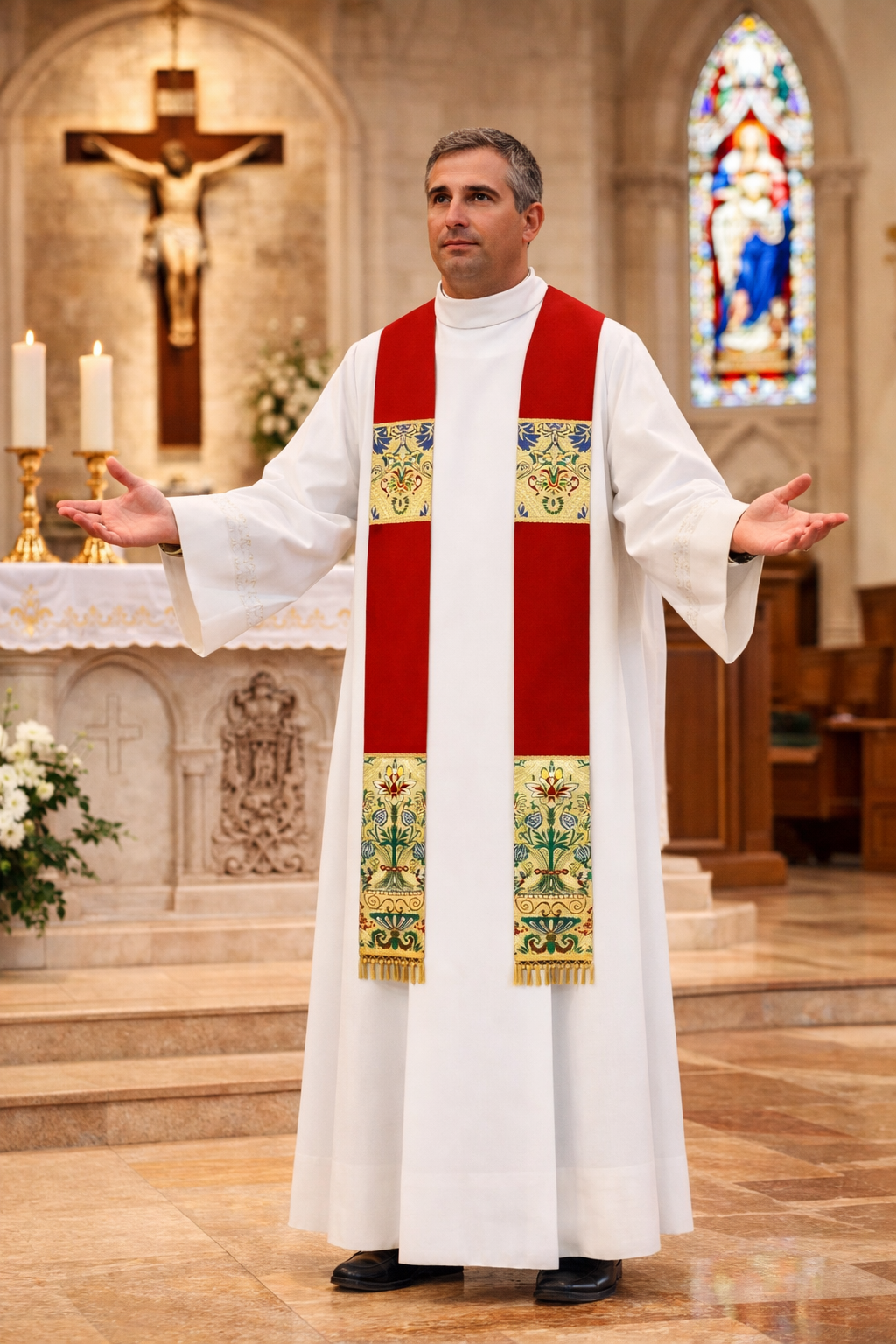 Priest in a white robe with red coronation stole in a church setting