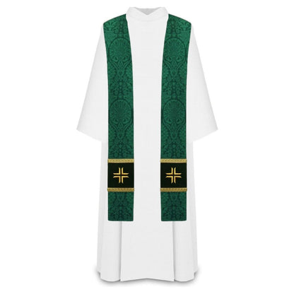 Damask green priest stole with embroidered  gold cross on velvet patch, trimmed in gallon.