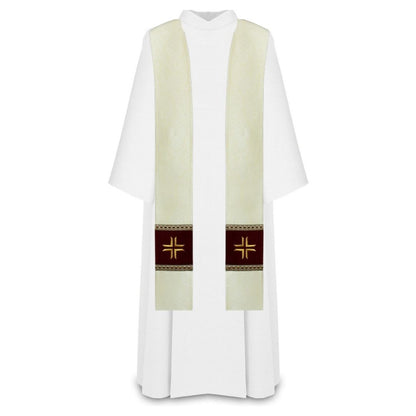 Damask ivory priest stole with embroidered  gold cross on velvet patch, trimmed in gallon.