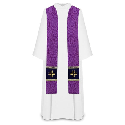 Damask purple priest stole with embroidered  gold cross on velvet patch, trimmed in gallon.