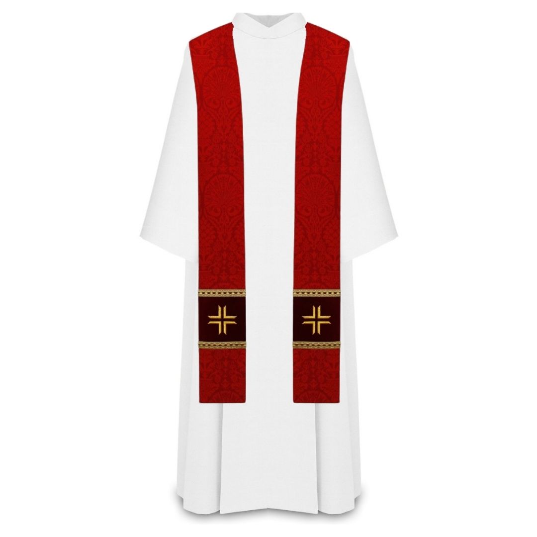 Damask red priest stole with embroidered  gold cross on velvet patch, trimmed in gallon.