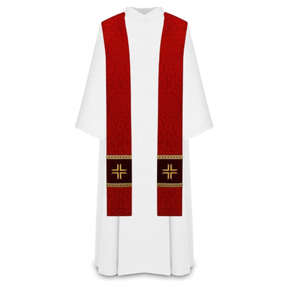 Damask red priest stole with embroidered  gold cross on velvet patch, trimmed in gallon.