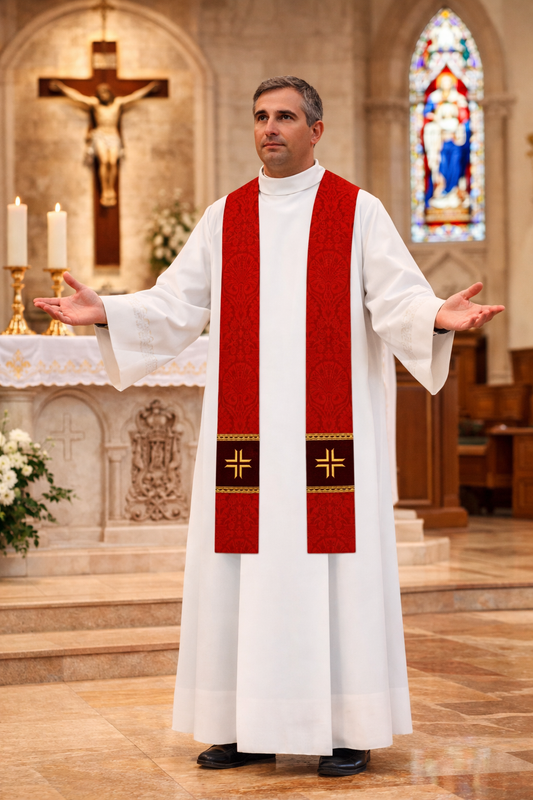 Priest in white robe with red stole in a church setting
