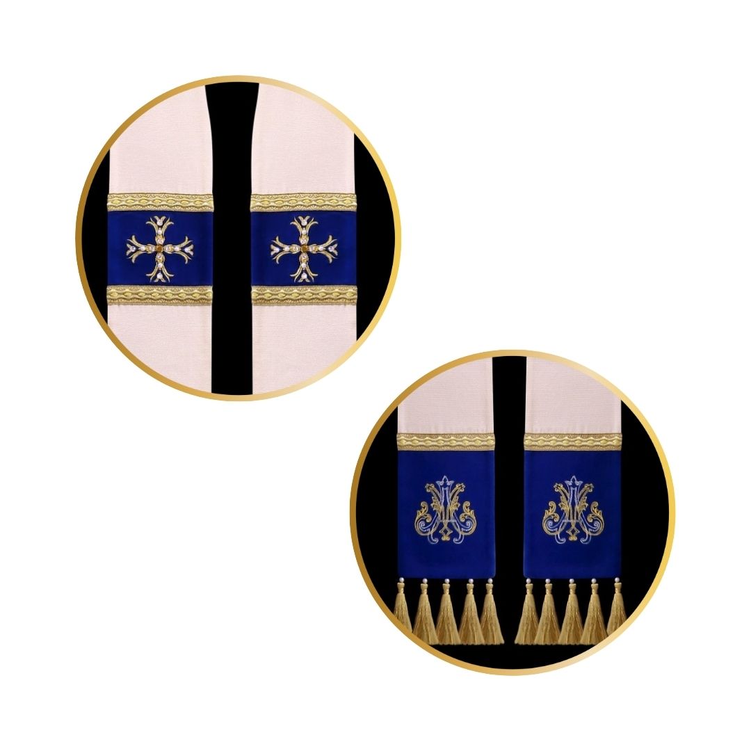 Liturgical priest stole Marian 100% wool  with lurex. Embroidered cross on velvet , trimmed with braid and tassels.