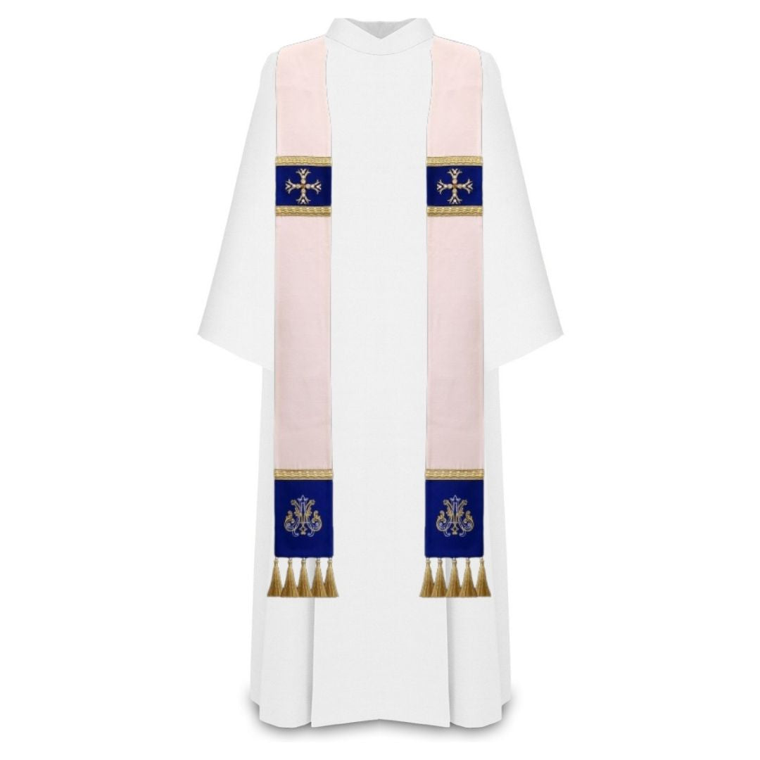 Liturgical priest stole Marian 100% wool  with lurex. Embroidered cross on velvet , trimmed with braid and tassels.