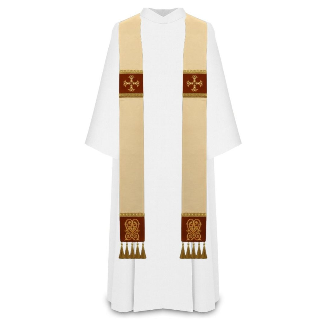 Liturgical priest stole ivory 100% wool  with lurex. Embroidered cross on velvet , trimmed with braid and tassels.