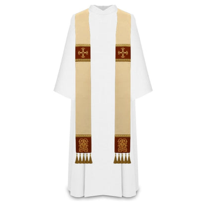 Liturgical priest stole ivory 100% wool  with lurex. Embroidered cross on velvet , trimmed with braid and tassels.