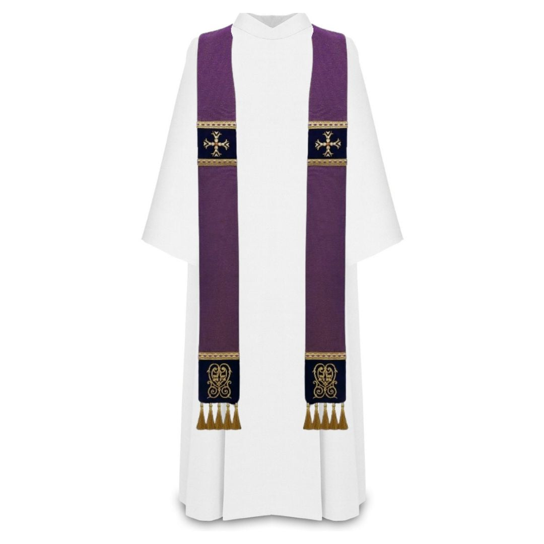 Liturgical priest stole purple 100% wool  with lurex. Embroidered cross on velvet , trimmed with braid and tassels.