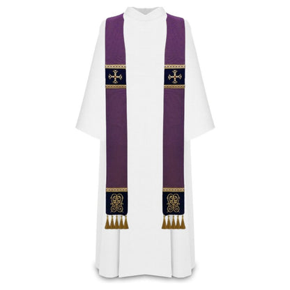 Liturgical priest stole purple 100% wool  with lurex. Embroidered cross on velvet , trimmed with braid and tassels.