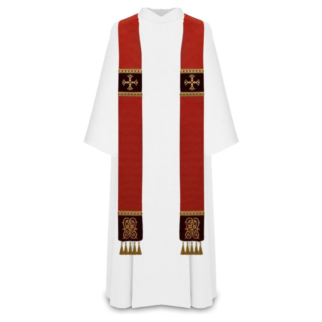 Liturgical priest stole red 100% wool  with lurex. Embroidered cross on velvet , trimmed with braid and tassels.