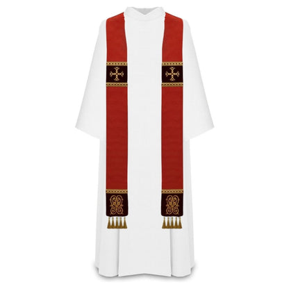 Liturgical priest stole red 100% wool  with lurex. Embroidered cross on velvet , trimmed with braid and tassels.
