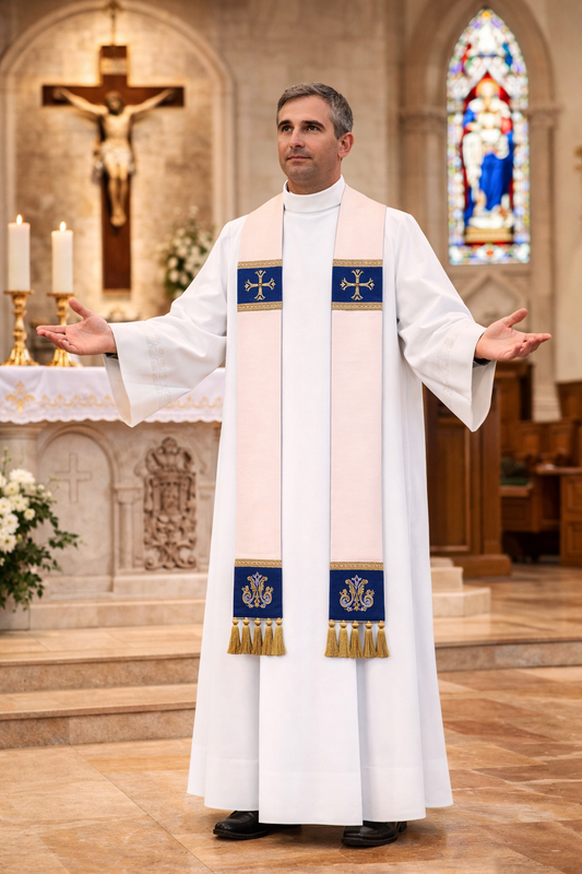 Priest in white alb with blue and gold  marian stole in a church setting