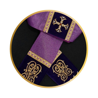 Liturgical priest stole purple 100% wool  with lurex. Embroidered cross on velvet , trimmed with braid and tassels.