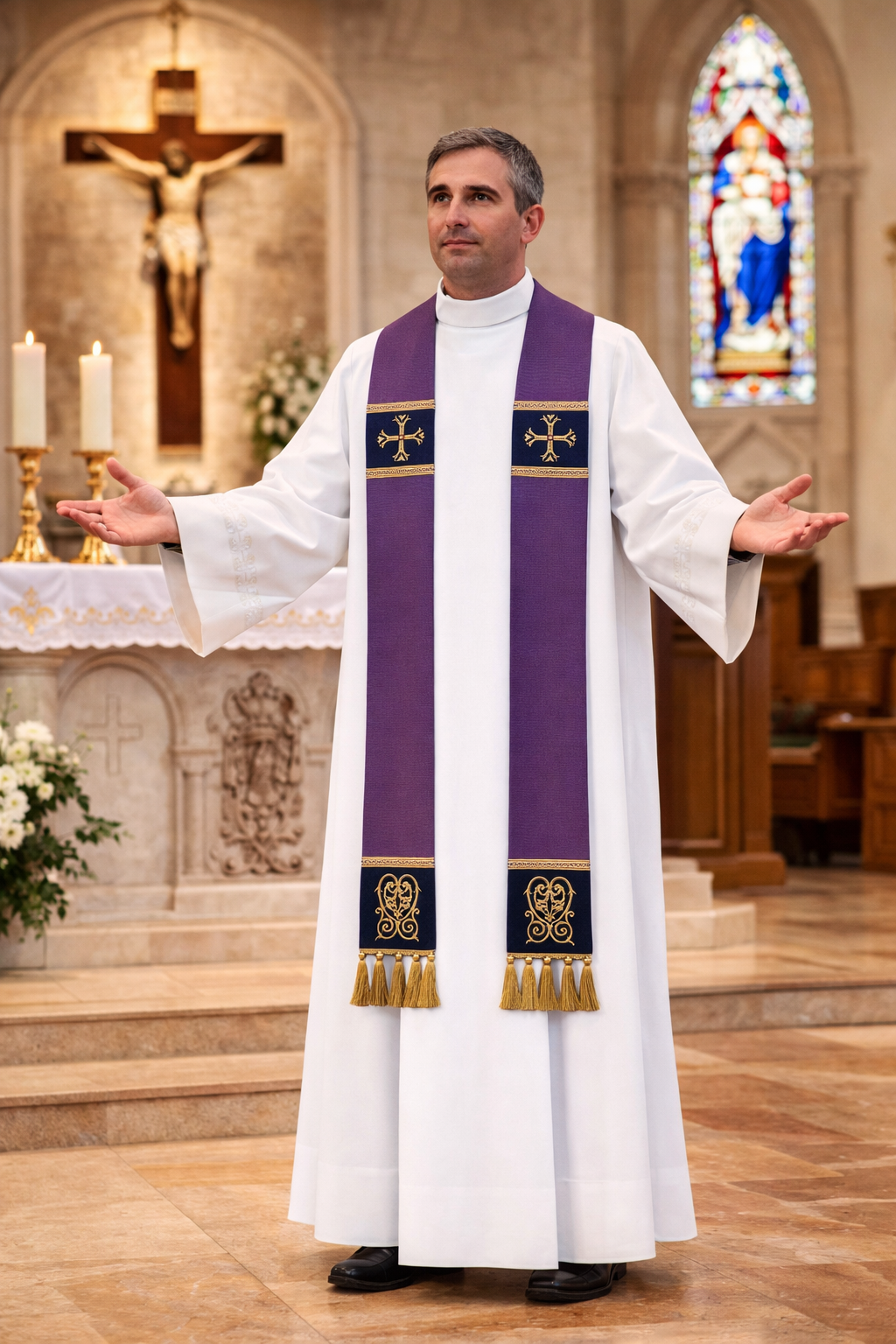 Priest in white robe with purple stole in a church setting