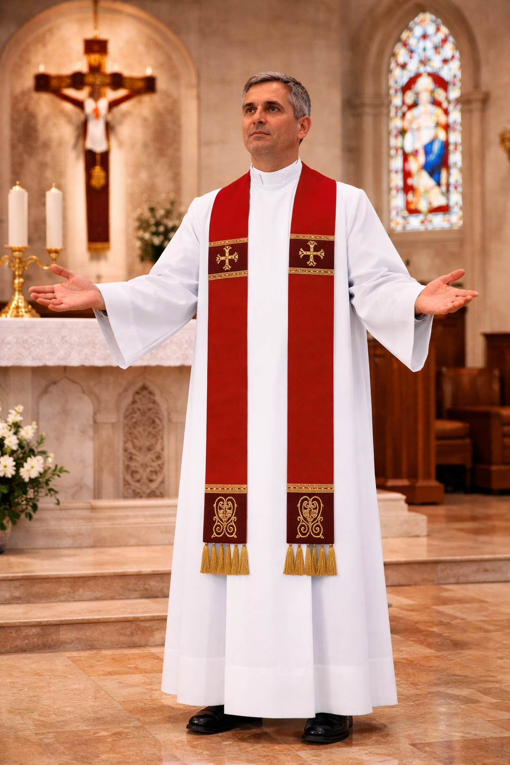 Priest in white robe with red stole in a church setting