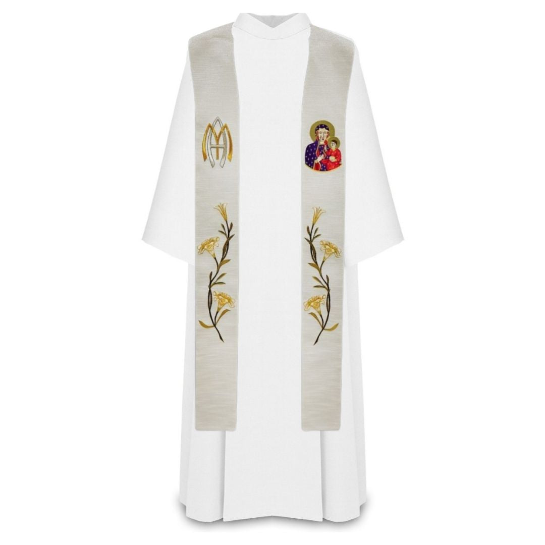 Ava Maria priest stole with embroidered image of Mother and Child and lilly's.