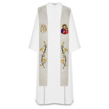 Ava Maria priest stole with embroidered image of Mother and Child and lilly's.