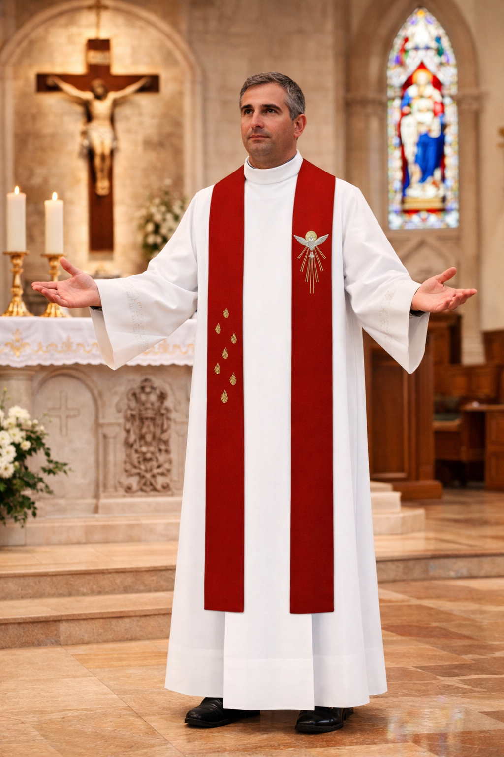 Priest in a church setting with a red  Holy Spirit overlay stole