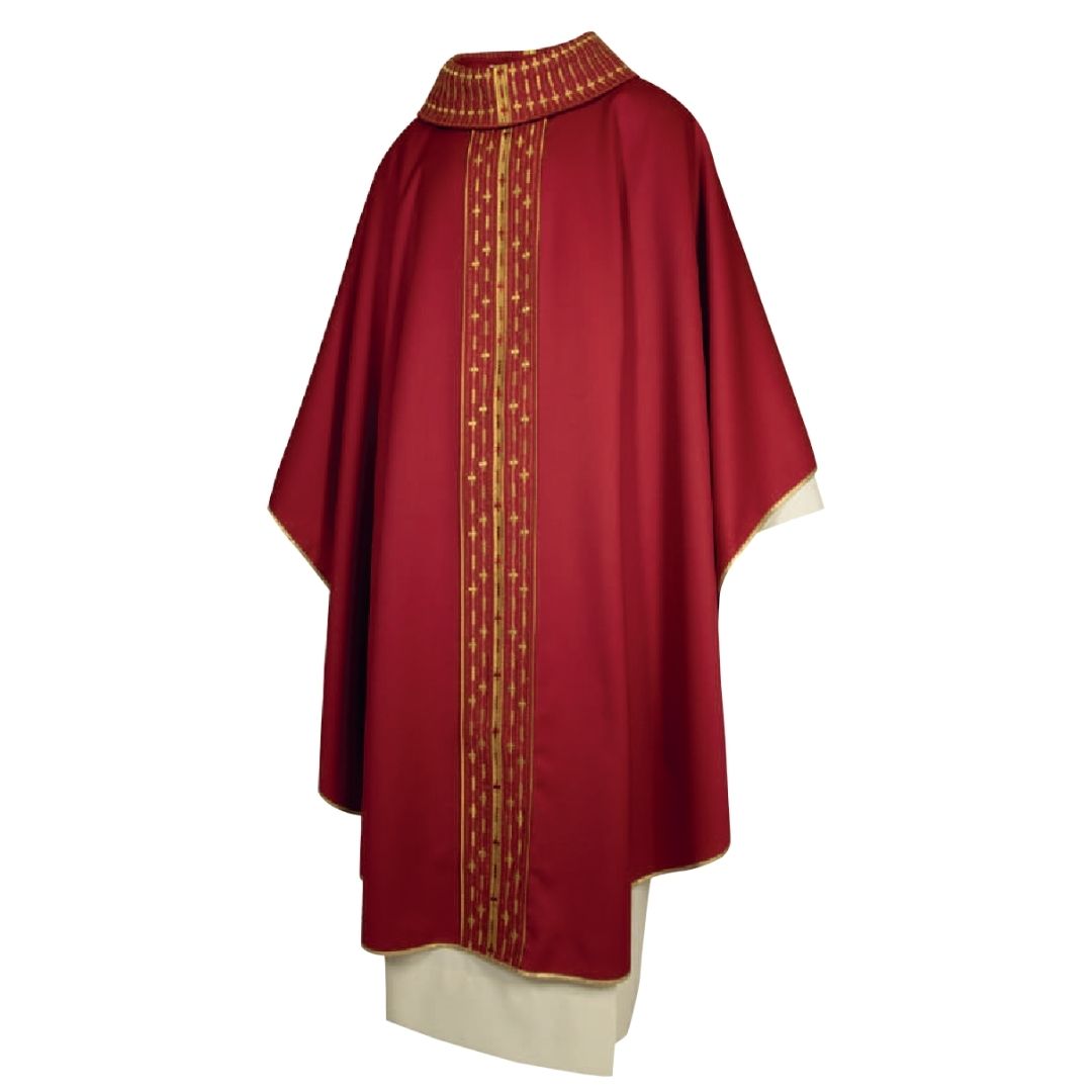 Gothic Chasube with embroidered mini crosses on orphrey on pure red wool made in italy and sold by The Clergy Store