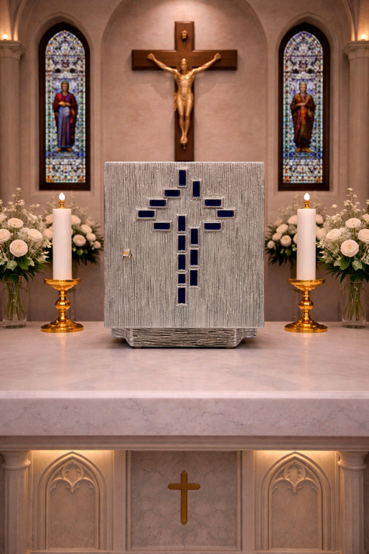 Bronze tabernacle with a contemporary cross silver finish. Made in Italy and sold by The Clergy Store